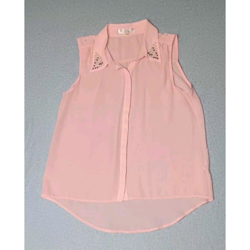 Penelope Sleeveless Sheer Mesh Blouse Womens Size Large Light Pink Beaded Button